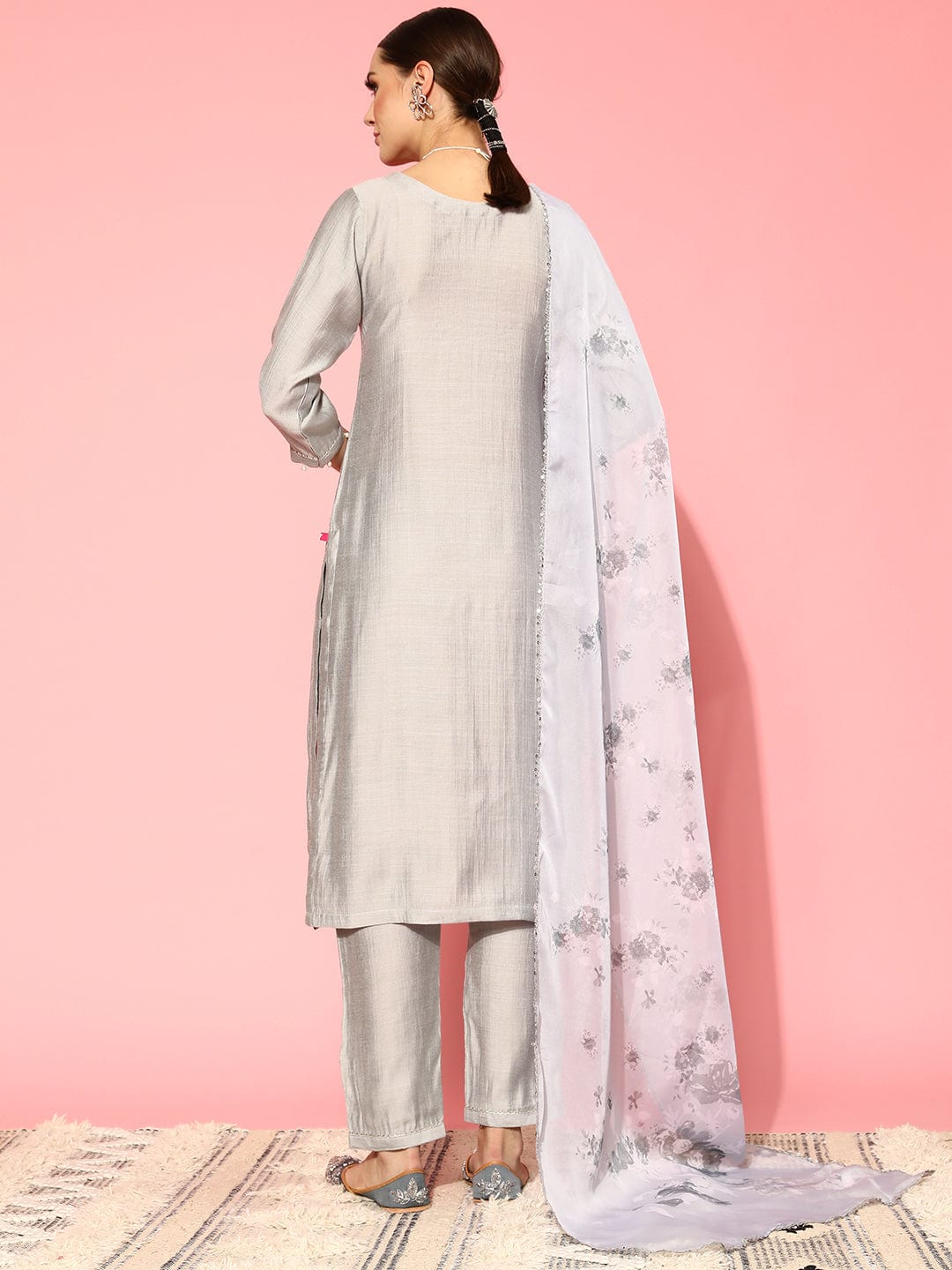 Varanga Women Grey Round Neck Embroidered Straight Kurta Paired With Tonal Bottom And Printed Dupatta