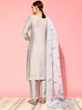 Varanga Women Grey Round Neck Embroidered Straight Kurta Paired With Tonal Bottom And Printed Dupatta