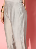 Varanga Women Grey Round Neck Embroidered Straight Kurta Paired With Tonal Bottom And Printed Dupatta