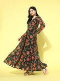 Varanga Women Green Floral Printed V-Neck Anarkali Kurta With Tonal Dotted Dupatta