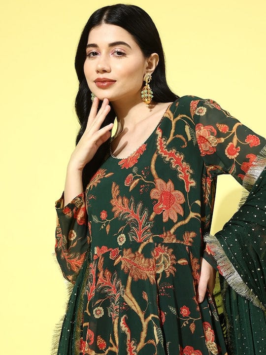 Varanga Women Green Floral Printed V-Neck Anarkali Kurta With Tonal Dotted Dupatta