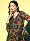 Varanga Women Green Floral Printed V-Neck Anarkali Kurta With Tonal Dotted Dupatta