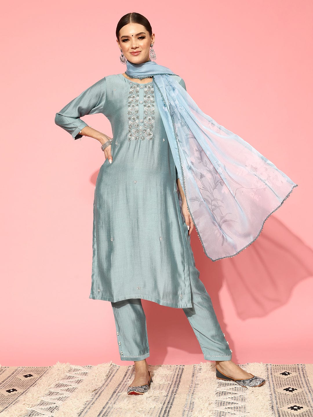Varanga Women Blue Round Neck Embroidered Straight Kurta Paired With Tonal Bottom And Printed Dupatta