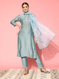 Varanga Women Blue Round Neck Embroidered Straight Kurta Paired With Tonal Bottom And Printed Dupatta