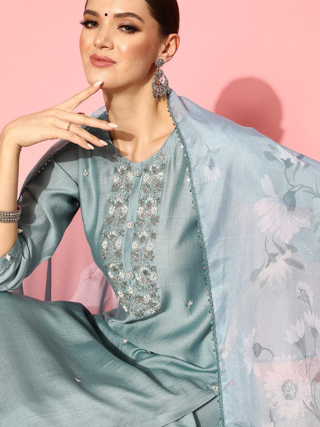 Varanga Women Blue Round Neck Embroidered Straight Kurta Paired With Tonal Bottom And Printed Dupatta