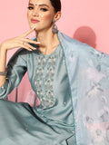 Varanga Women Blue Round Neck Embroidered Straight Kurta Paired With Tonal Bottom And Printed Dupatta