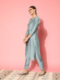 Varanga Women Blue Round Neck Embroidered Straight Kurta Paired With Tonal Bottom And Printed Dupatta