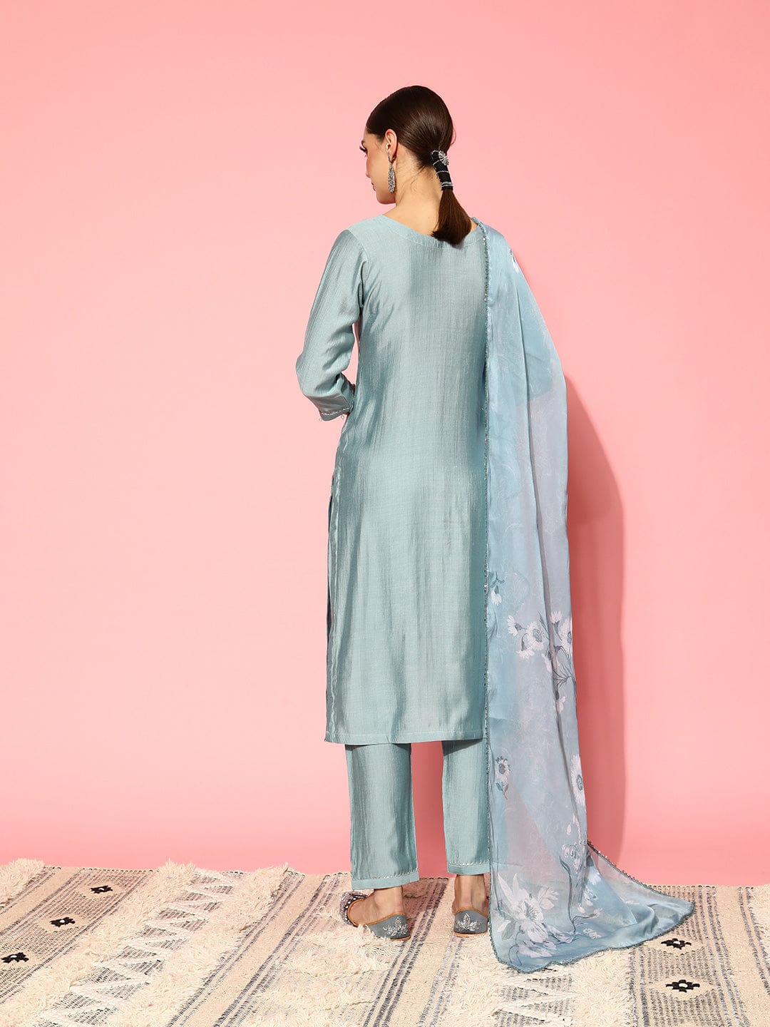 Varanga Women Blue Round Neck Embroidered Straight Kurta Paired With Tonal Bottom And Printed Dupatta