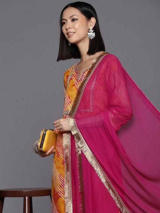 Varanga Women Orange Bandhani Printed Straight Kurta Paired With Bottom And Dupatta