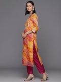 Varanga Women Orange Bandhani Printed Straight Kurta Paired With Bottom And Dupatta