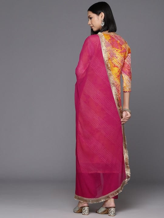 Varanga Women Orange Bandhani Printed Straight Kurta Paired With Bottom And Dupatta