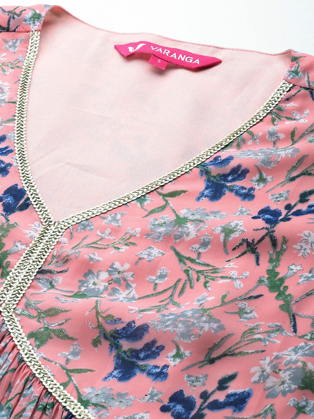 Varanga Women Pink Floral Printed V-Neck Anarkali Kurta Paired With Dupatta