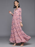 Varanga Women Pink Floral Printed V-Neck Anarkali Kurta Paired With Dupatta