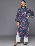 Varanga Women Blue Floral Printed Straight Kurta With Flared Sleeves