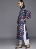 Varanga Women Blue Floral Printed Straight Kurta With Flared Sleeves