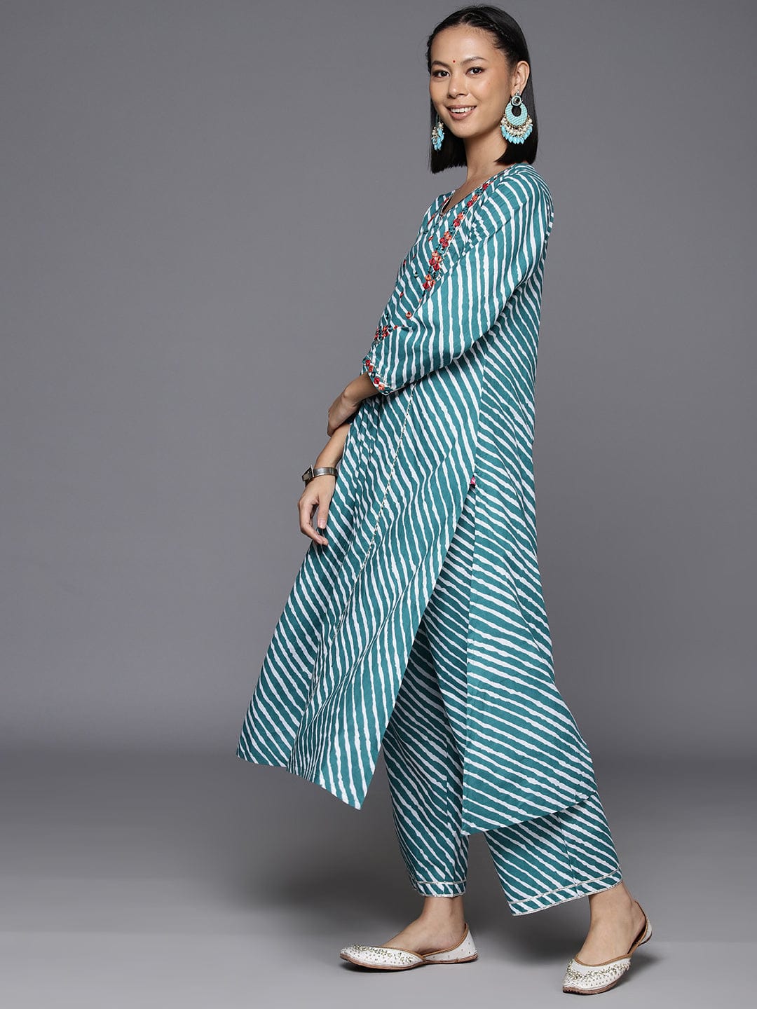 Varanga Women Turquoise Blue Lehariya Printed A-Line Kurta Paired With Tonal Bottom And Dupatta