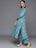 Varanga Women Turquoise Blue Lehariya Printed A-Line Kurta Paired With Tonal Bottom And Dupatta