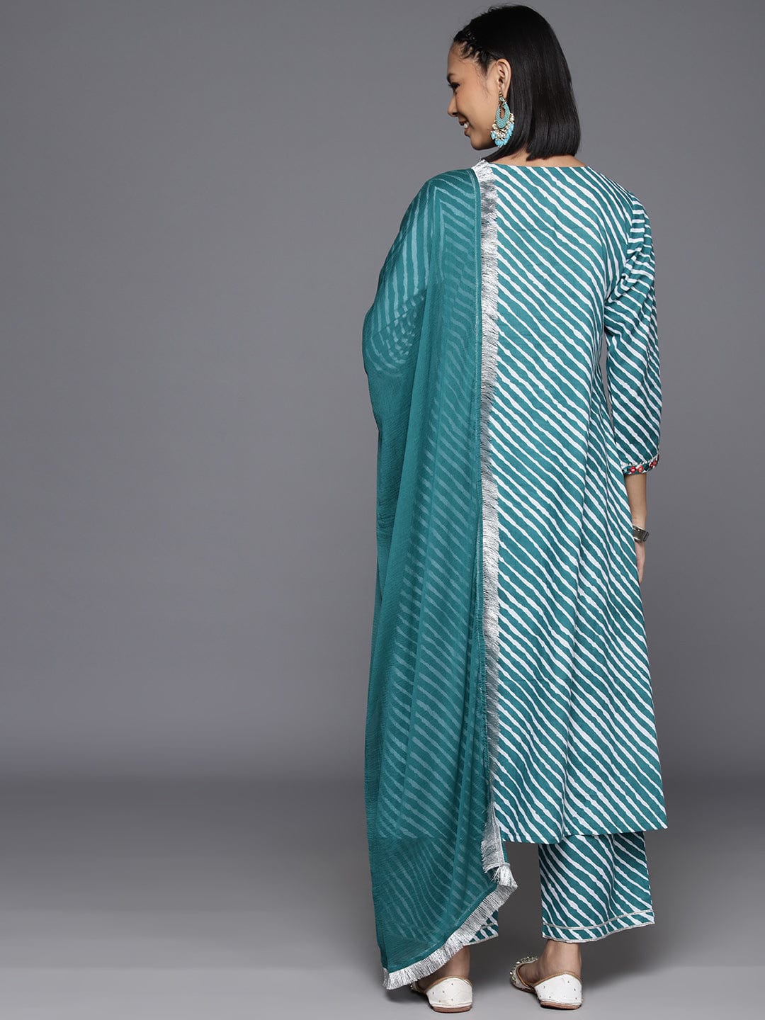 Varanga Women Turquoise Blue Lehariya Printed A-Line Kurta Paired With Tonal Bottom And Dupatta
