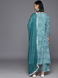 Varanga Women Turquoise Blue Lehariya Printed A-Line Kurta Paired With Tonal Bottom And Dupatta