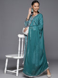 Varanga Women Turquoise Blue Lehariya Printed A-Line Kurta Paired With Tonal Bottom And Dupatta