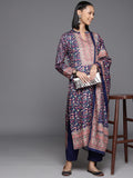 Varanga Women Blue Woolen Floral Printed Straight Kurta With Solid Bottom And Dupatta