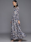 Varanga Women Navy Blue Floral Printed V-Neck Anarkali Kurta Paired With Dupatta