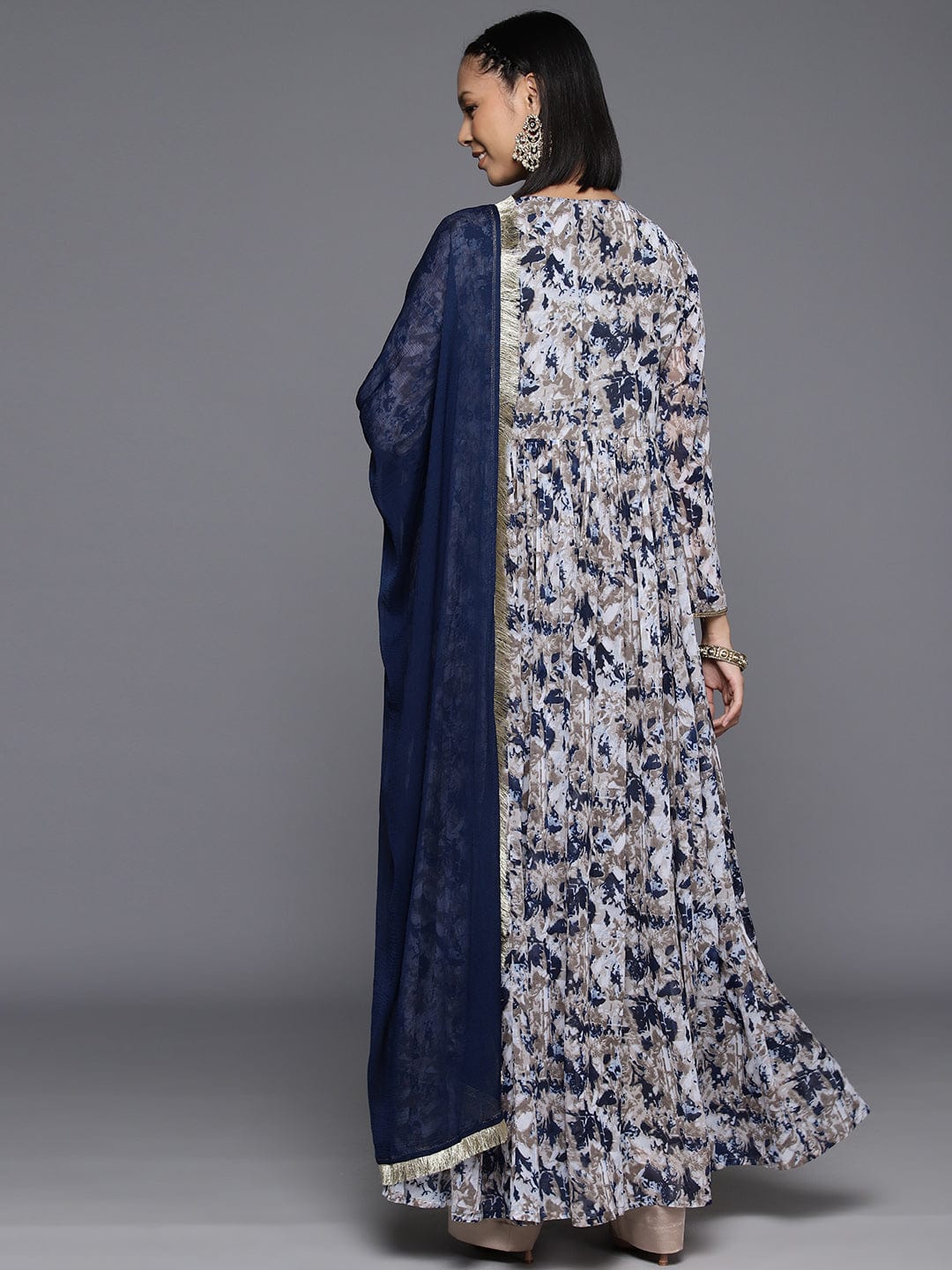 Varanga Women Navy Blue Floral Printed V-Neck Anarkali Kurta Paired With Dupatta