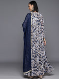 Varanga Women Navy Blue Floral Printed V-Neck Anarkali Kurta Paired With Dupatta