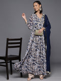Varanga Women Navy Blue Floral Printed V-Neck Anarkali Kurta Paired With Dupatta