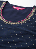 Varanga Women Navy Blue Dotted Printed Kurta, Round Neck , Paired With Tonal Bottom And Contrast Dupatta.