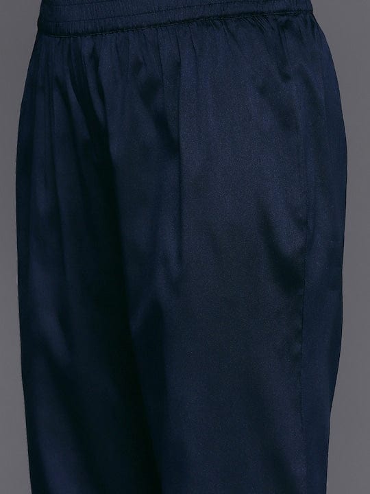 Varanga Women Navy Blue Dotted Printed Kurta, Round Neck , Paired With Tonal Bottom And Contrast Dupatta.