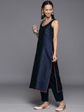 Varanga Women Navy Blue Dotted Printed Kurta, Round Neck , Paired With Tonal Bottom And Contrast Dupatta.