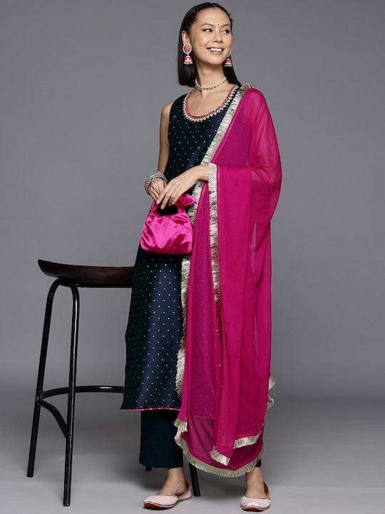 Varanga Women Navy Blue Dotted Printed Kurta, Round Neck , Paired With Tonal Bottom And Contrast Dupatta.