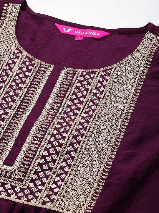 Varanga Burgundy Embroidered Kurta With Straight Pant And Dupatta