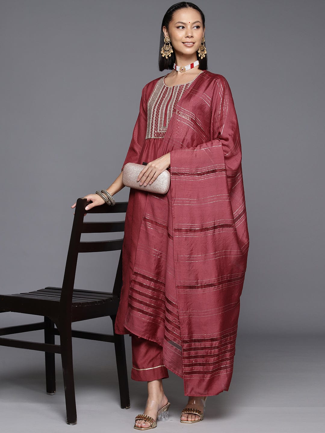 Varanga Rust Embroidered Kurta With Straight Pant And Dupatta