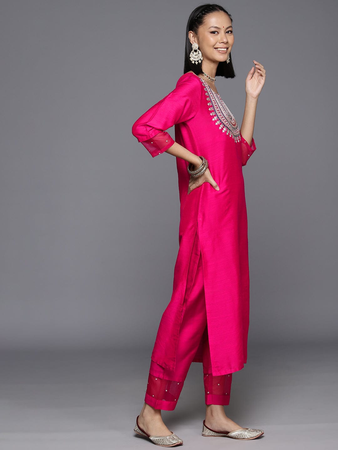 Varanga Women Fuchsia Embroidered Sequinned Kurta Set With Dupatta