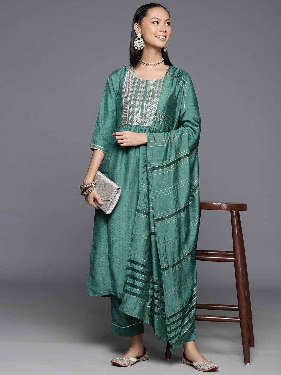 Varanga Sea Green Embroidered Kurta With Straight Pant And Dupatta