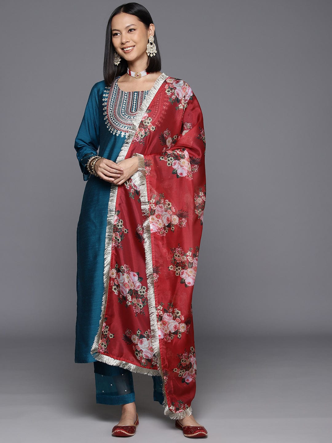 Varanga Women Teal Embroidered Sequinned Kurta Set With Dupatta