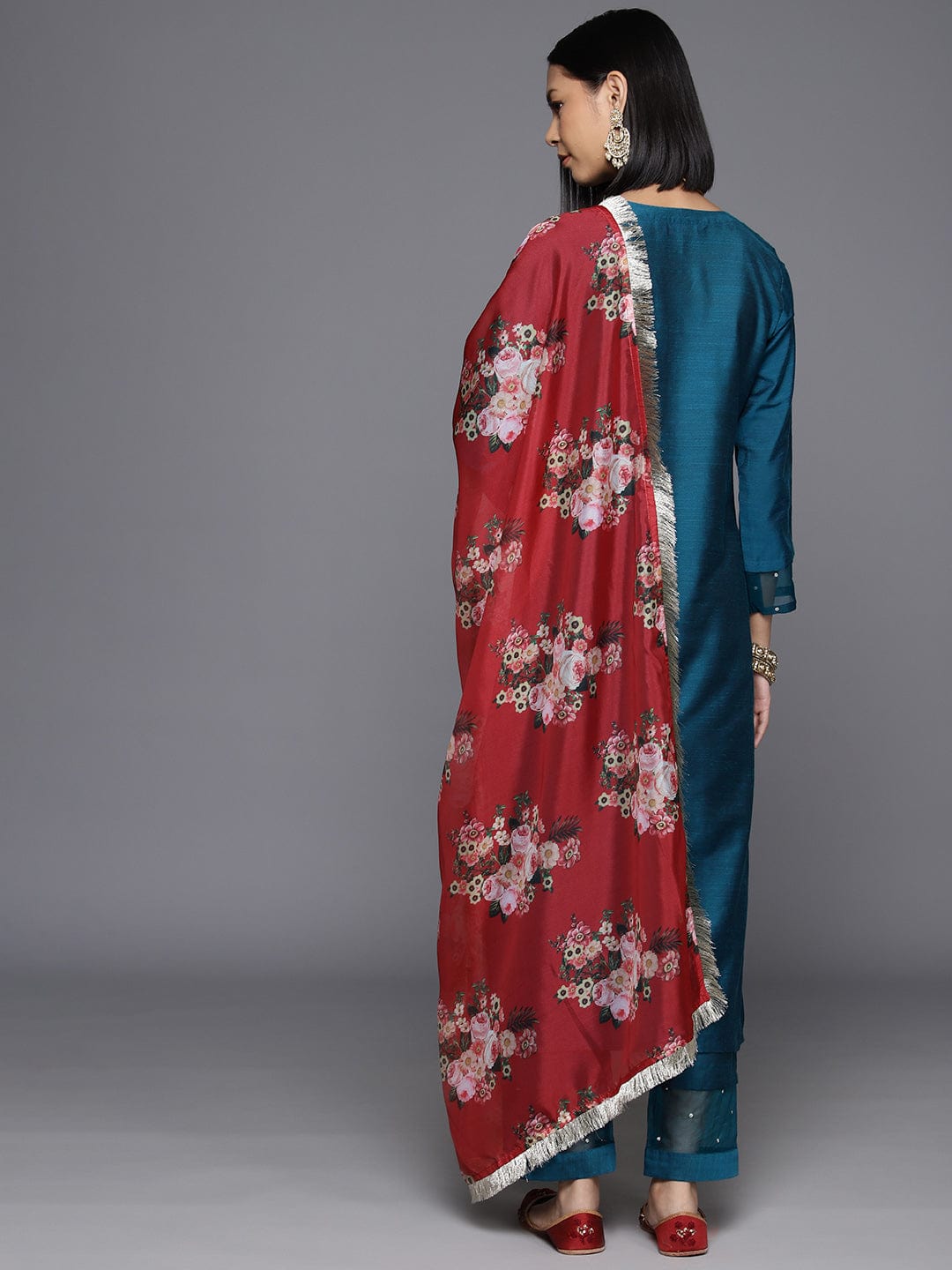 Varanga Women Teal Embroidered Sequinned Kurta Set With Dupatta