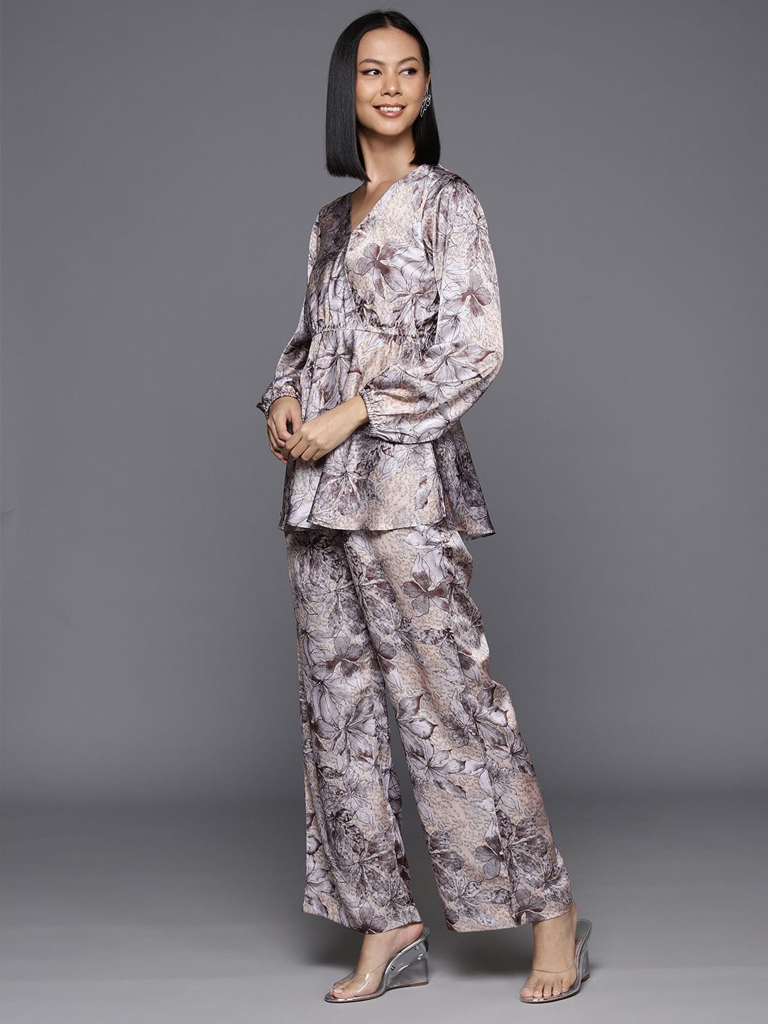 Varanga Women Grey Floral Printed Top Paired With Tonal Printed Bottom Vcod7222