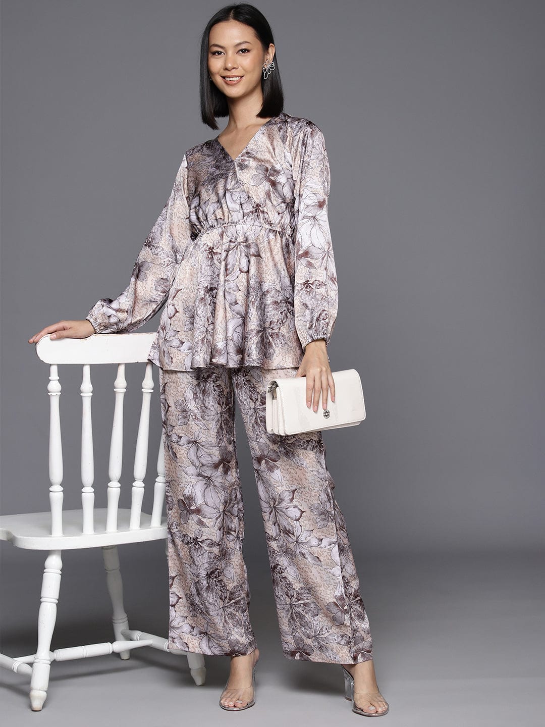 Varanga Women Grey Floral Printed Top Paired With Tonal Printed Bottom Vcod7222