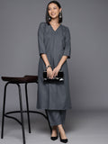 Varanga Women Grey Solid A-Line Tunic Paired With Tonal Bottom