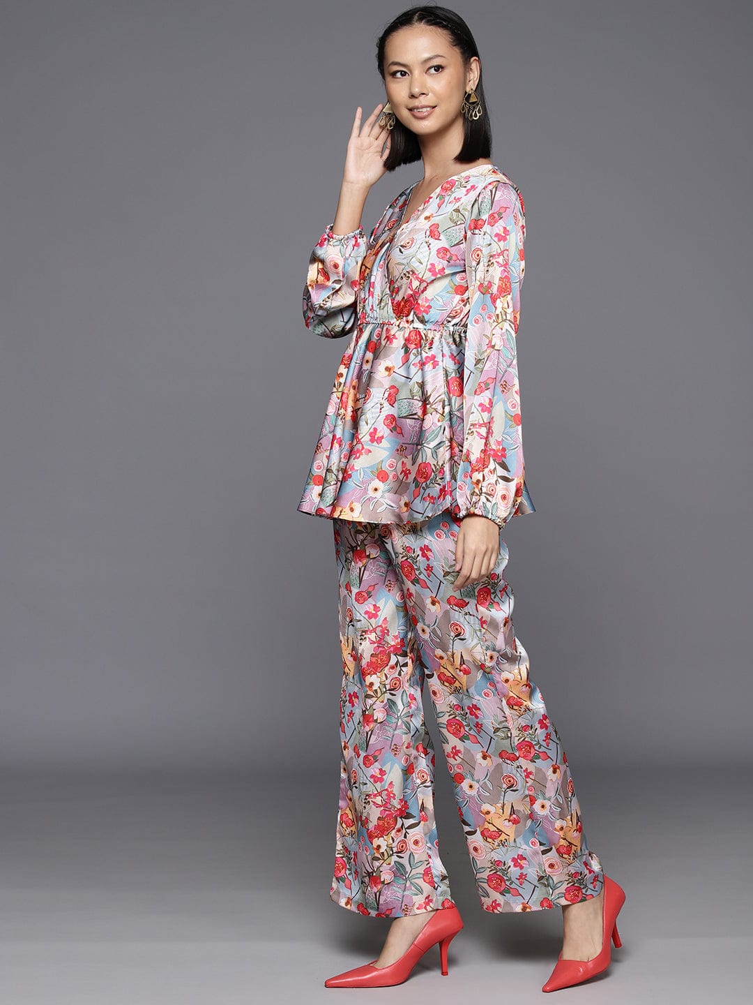 Varanga Women Multi Colour Floral Printed Top Paired With Tonal Printed Bottom