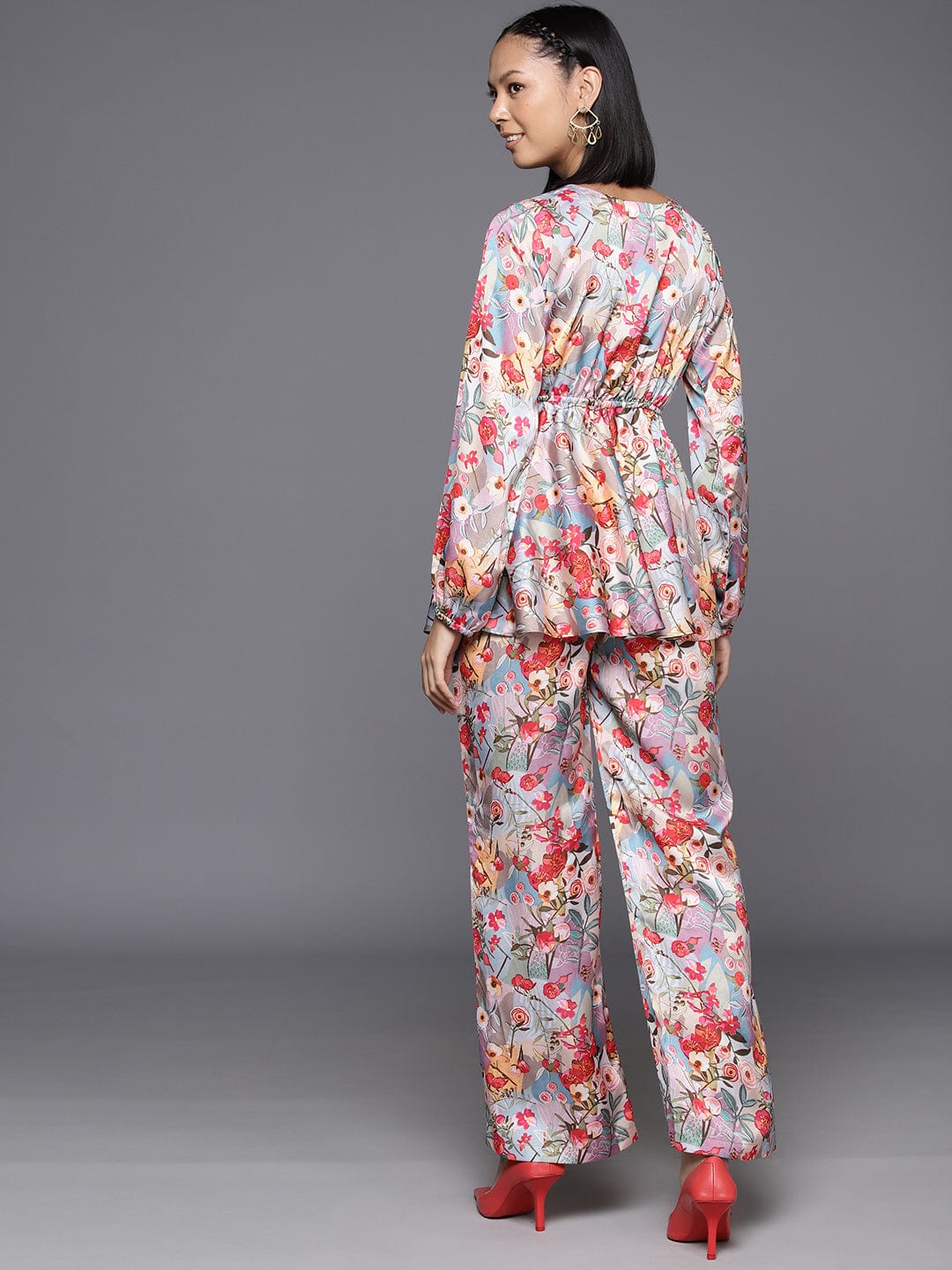 Varanga Women Multi Colour Floral Printed Top Paired With Tonal Printed Bottom