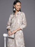 Varanga Women Grey Shirt Collar Side Slit Tunic With Tonal Printed Bottom Vset21135