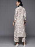 Varanga Women Grey Shirt Collar Side Slit Tunic With Tonal Printed Bottom Vset21135