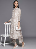 Varanga Women Grey Shirt Collar Side Slit Tunic With Tonal Printed Bottom Vset21135