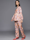 Varanga Women Beige Abstract Printed Top Paired With Tonal Printed Bottom Vcod7224