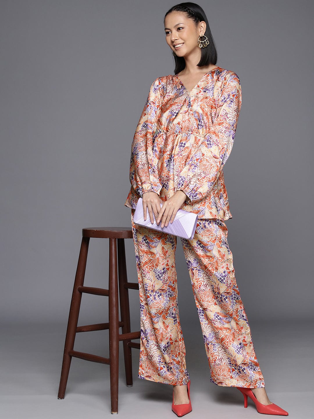 Varanga Women Beige Abstract Printed Top Paired With Tonal Printed Bottom Vcod7224