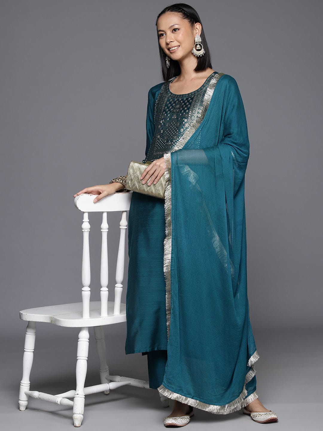 Varanga Womenwomenblue Embroidered Straight Kurta Paired With Tonal Bottom And Dupatta
